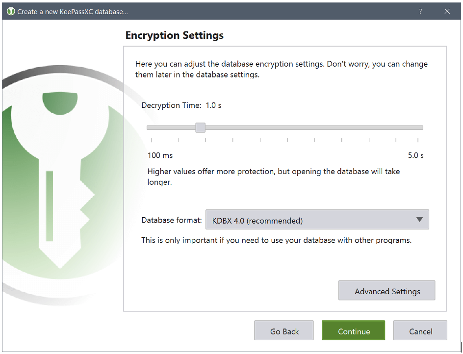 Figure 7. Create database – Encryption settings
